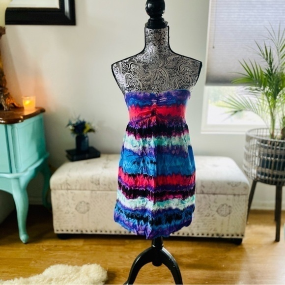 🏷️ 4/$25 Sweetheart Neck Bandeau Pull Over Watercolor Cover Up Mini Dress - Picture 4 of 11
